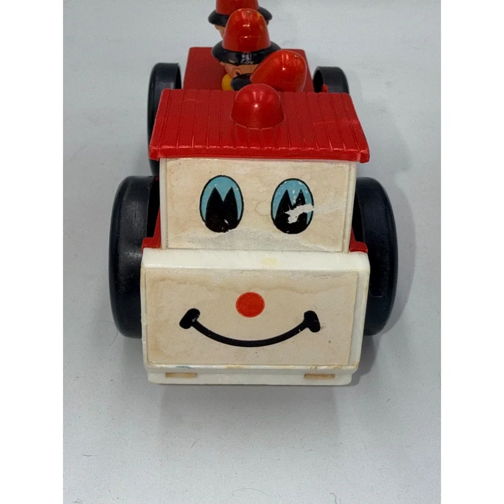 Vintage Fire Truck Toy Red Fair Retro Smiling Face Firefighters Toy Ringing Bell